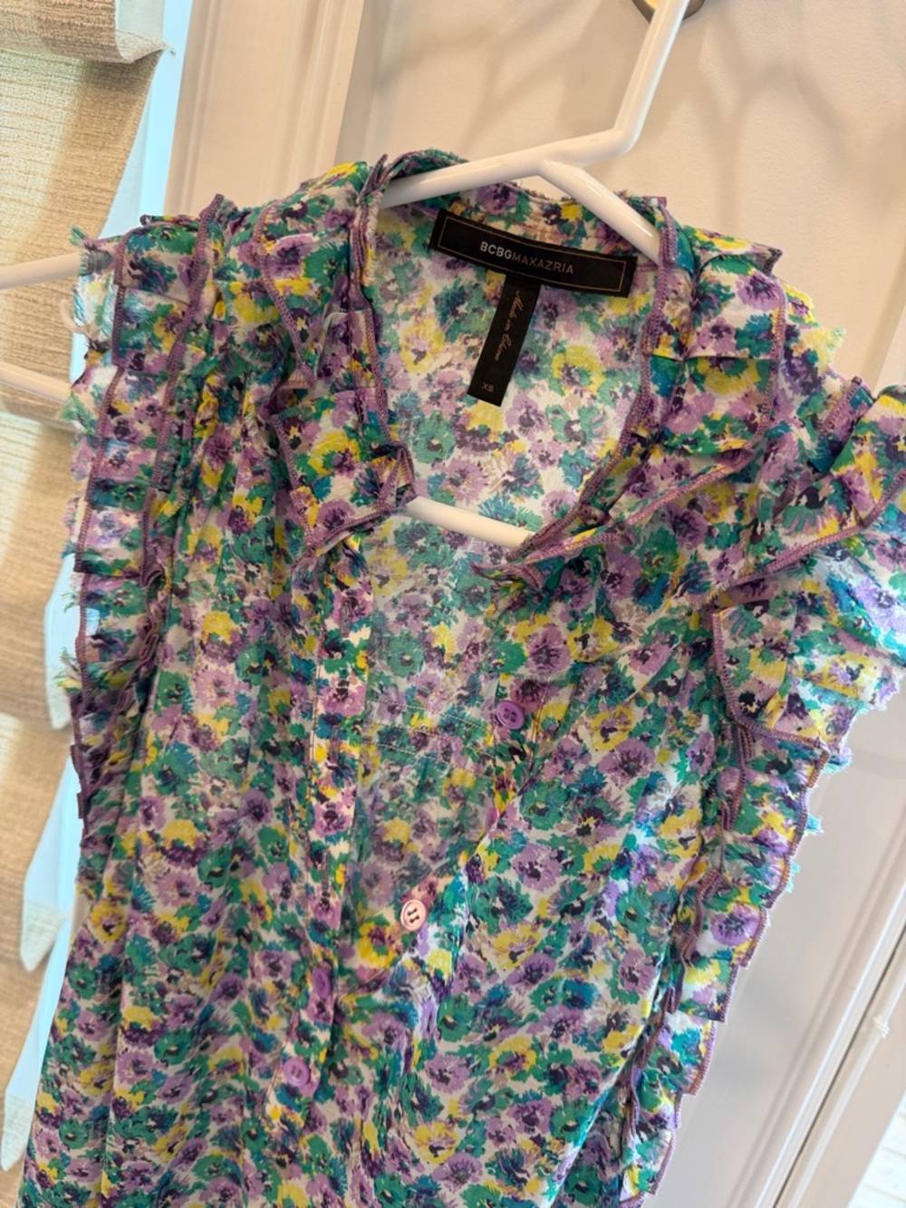 BCBGMaxAzria Purple, Green & Yellow Floral Ruffle Top